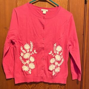 Garnet Hill Vibrant Pink Cardigan with White Floral Design